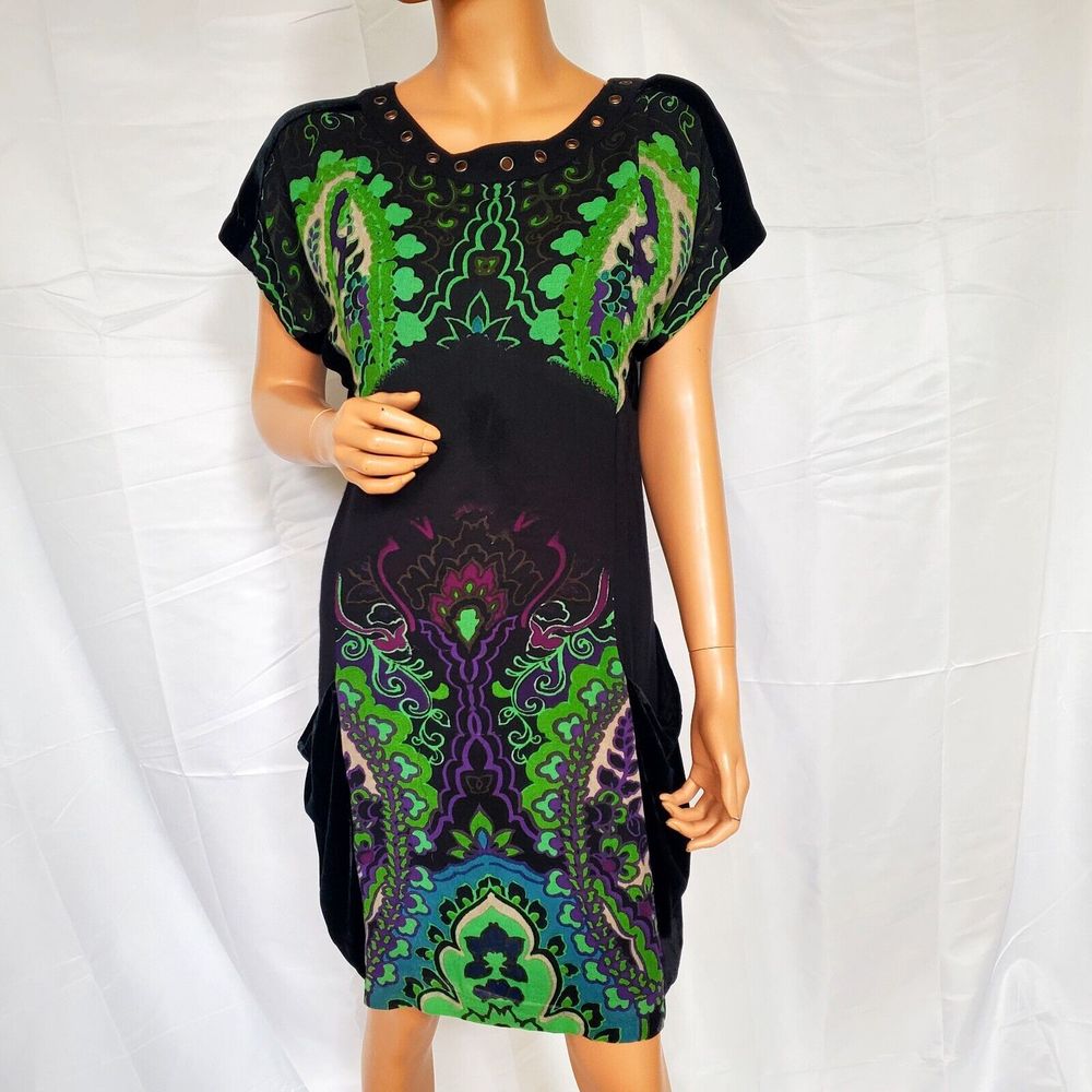 Velvet Painted Abstract Dress Pockets Art to Wear Rene Derhy Black Multi Large